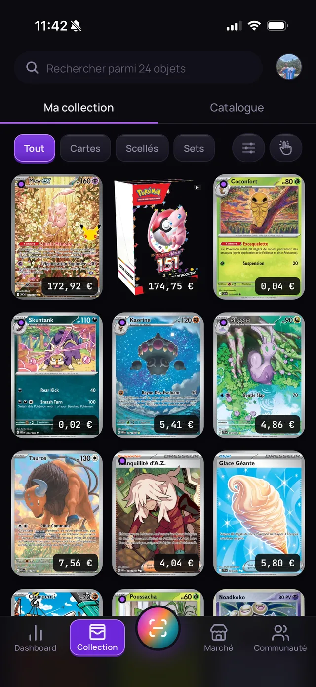 Ma collection après le scan, chaque carte avec sa cote