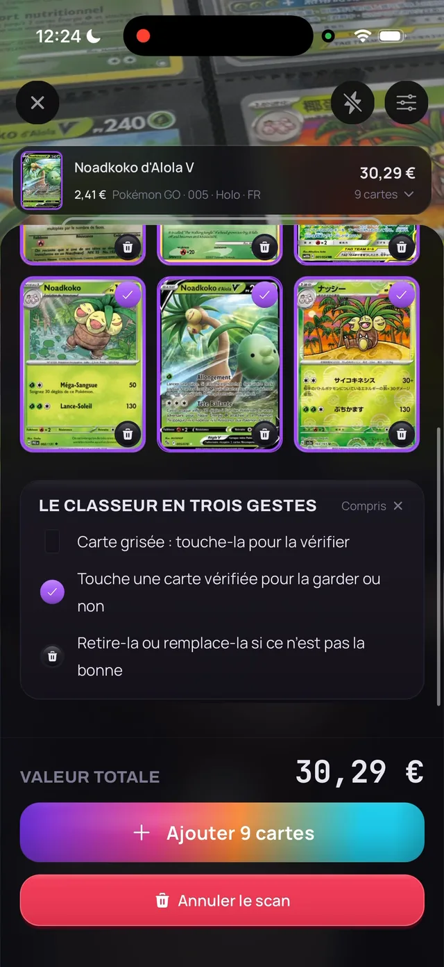 Résultat du scan : 9 cartes reconnues, valeur totale 30,29 €, bouton Ajouter 9 cartes